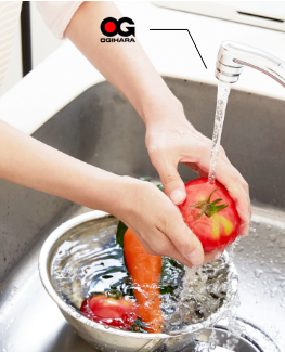 キッチンで野菜を洗っている写真